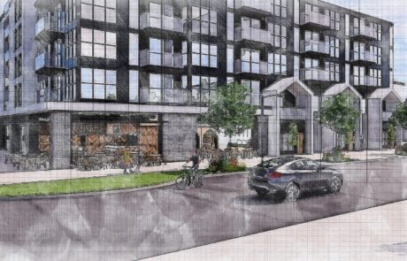 Concept rendering of Mercado Street with ground-floor retail, wide sidewalks, and landscaped gathering areas.